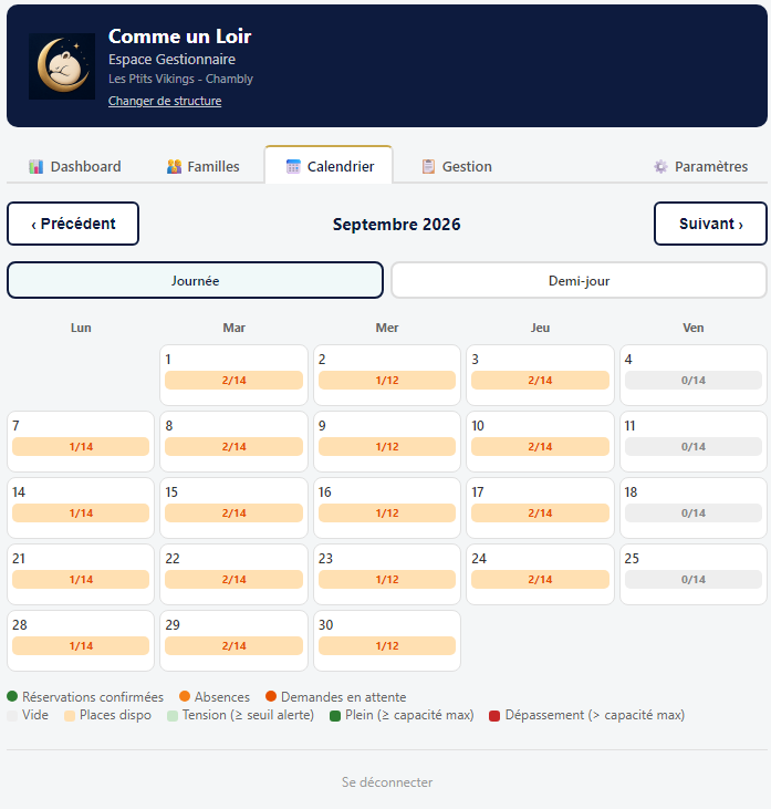 Vue réelle du calendrier Comme un loir pour septembre 2026, avec les absences et les places disponibles par journée